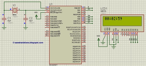 PIC16F877 based digital clock using LCD display schematic