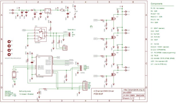 4 Channel DMX512 Driver for PIC16F688 schematic