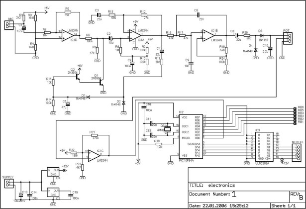 Discolight effect with bass beat control using PIC16F84A schemativh