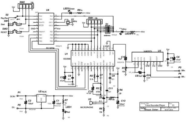 ISD2560 Voice Recording Playback Project PIC16F84 Controlled schematic