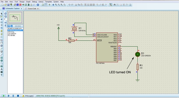 Microcontroller with single LED Project in Proteus schematic