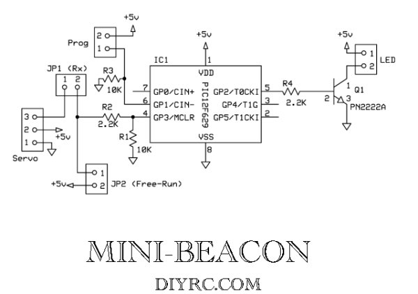 Mini-Beacon miniature programmable LED Flasher that is based around a PIC12F629 microcontroller schematich