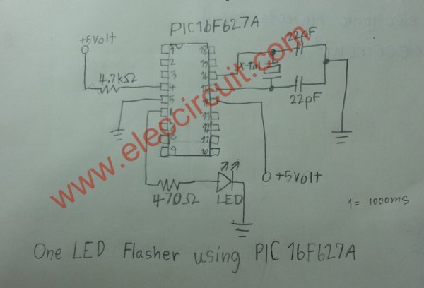 PIC microcontroller led flasher circuit using PIC16F627A schematich