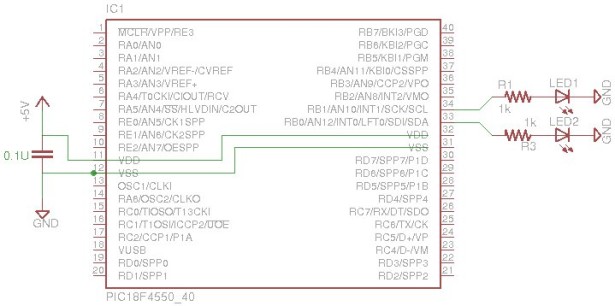 PIC18F4550 Tutorial Blinking an LED schematic