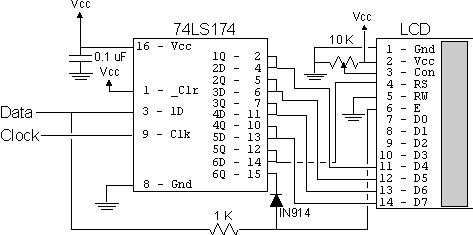 2-wire LCD interface using PIC16CF84 schematic