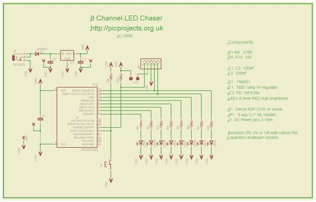 8 Channel PWM LED Chaser for 16F628A and 16F88 schematic