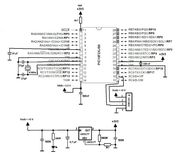 Basic circuit for PIC18F24J50 or PIC18F26J50 to work over USB schematic