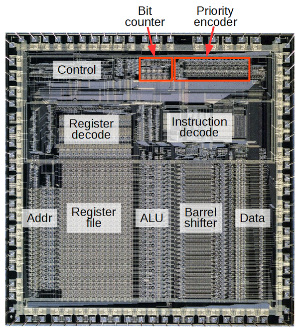 Counting bits in hardware reverse engineering the silicon in the ARM1 processor