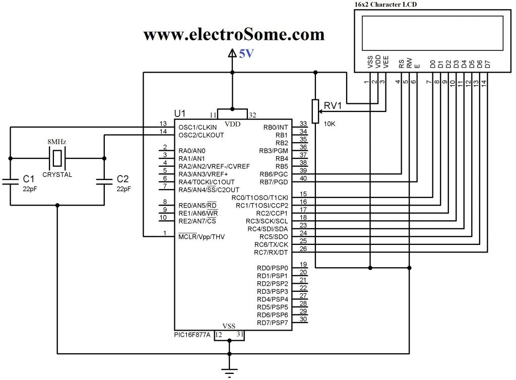 Schematic Interfacing LCD with PIC Microcontroller – Hi Tech C
