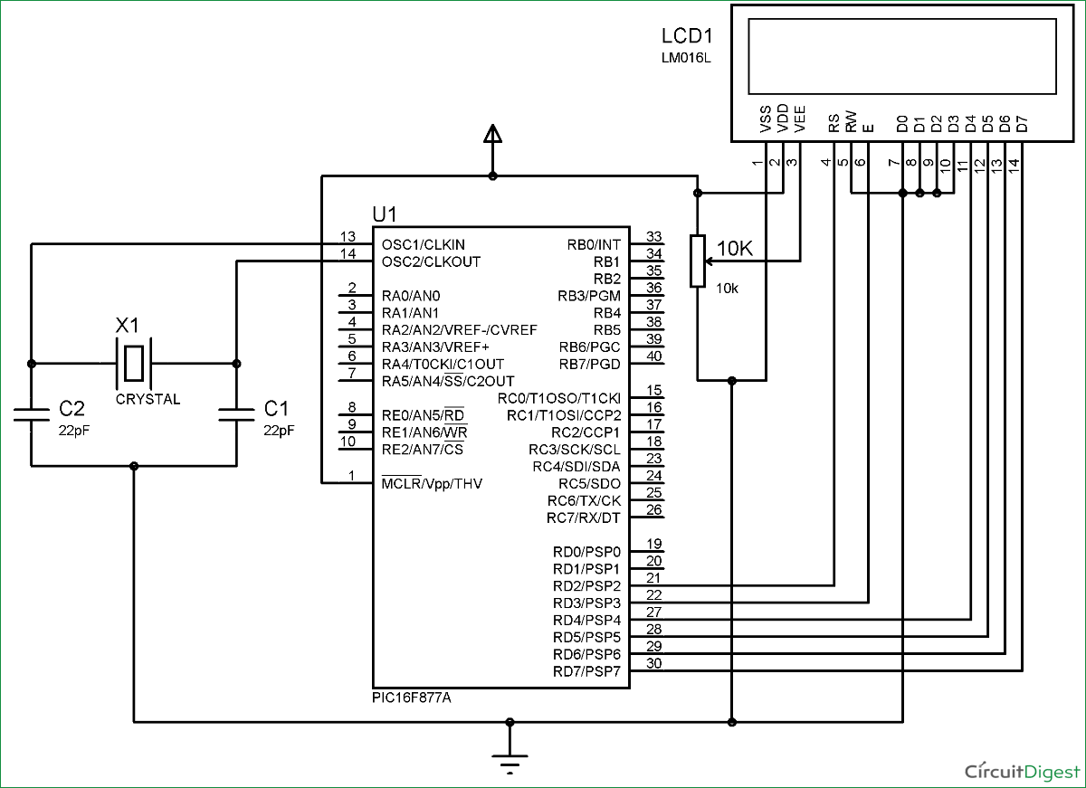 Schematic LCD Interfacing with PIC Microcontroller using MPLABX and XC8