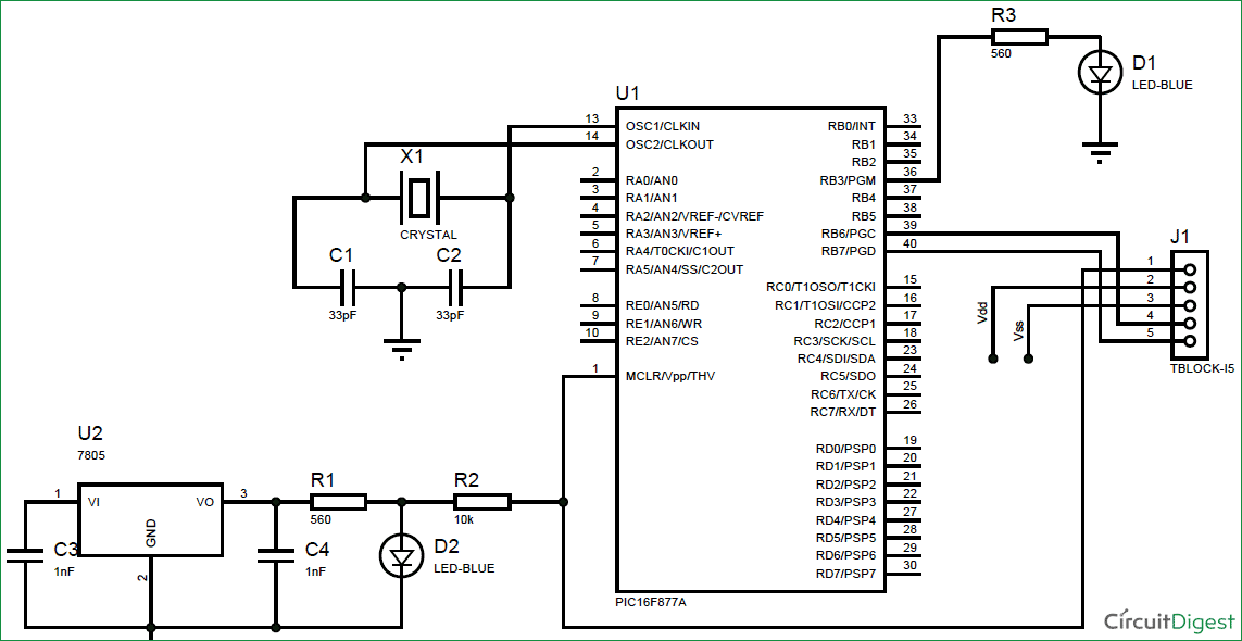 Schematic LED Blinking with PIC Microcontroller