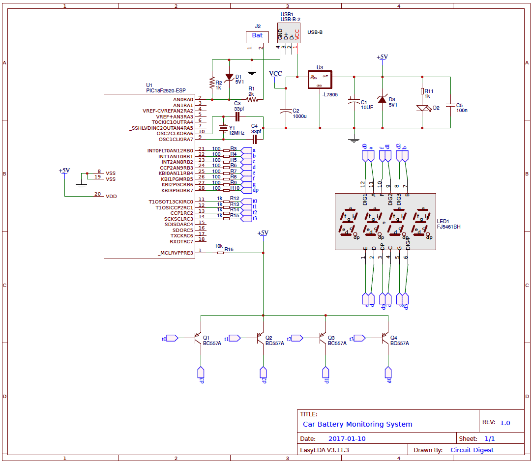 Schematic PIC Based Car Battery Voltage Monitoring System