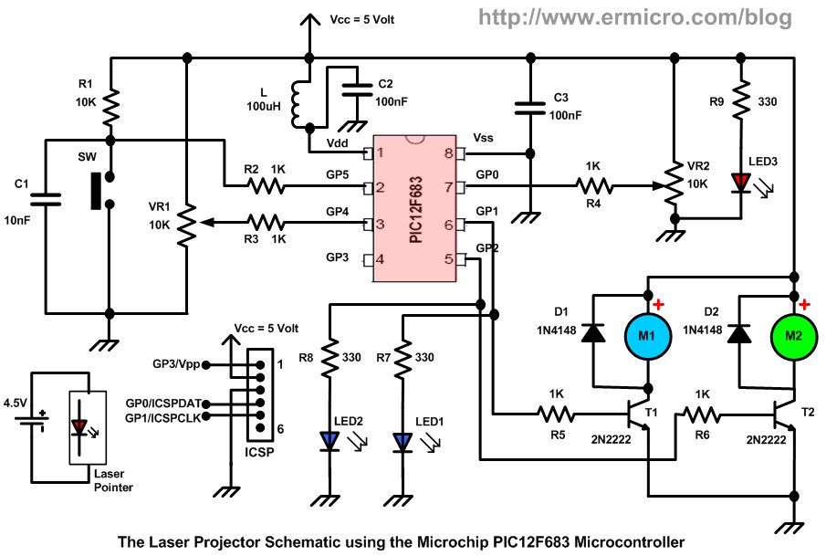 Schematic Building your own Simple Laser Projector using the Microchip PIC12F683 Microcontroller