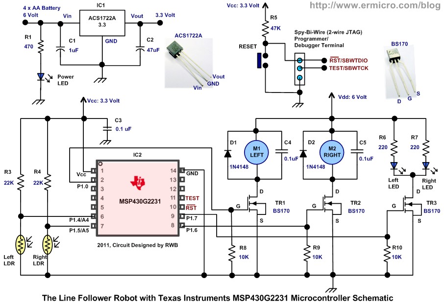 Schematic The Line Follower Robot with Texas Instruments 16-Bit MSP430G2231 Microcontroller