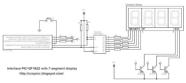 Schematic Interfacing 7-segment display with PIC12F1822 using CCS PIC C compiler