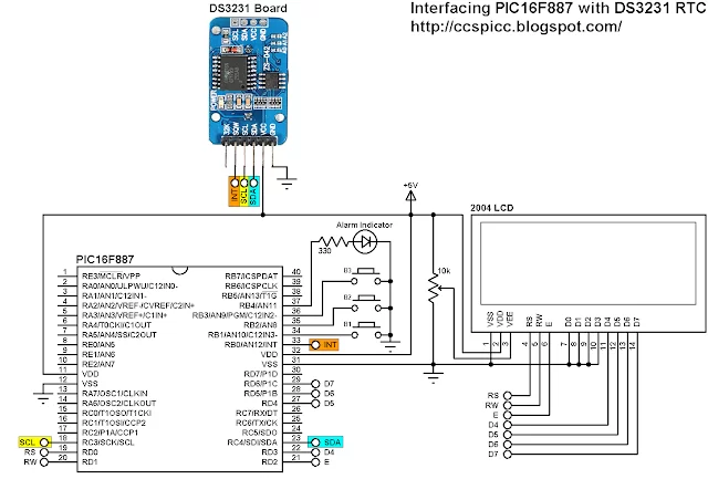 Real time clock and temperature monitor using PIC16F887 and DS3231 schematics