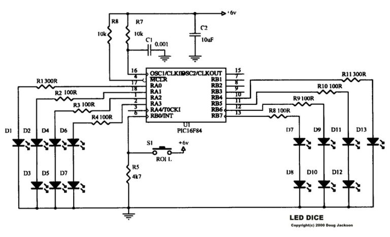 An LED Dice using a PIC 16F84 (or 16F88)