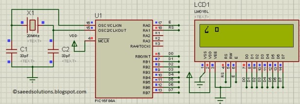 Display custom characters on LCD using PIC16F84A schematic