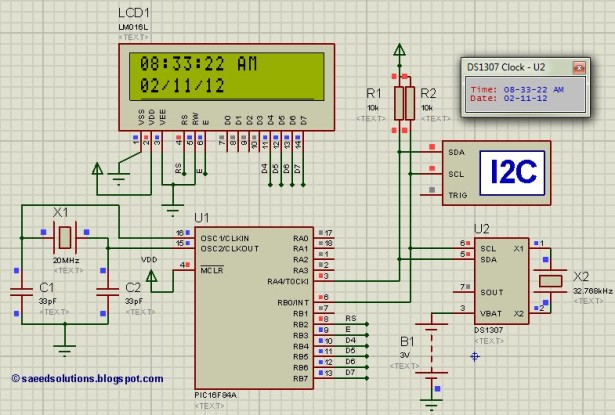 Interfacing of PIC16F84A with DS1307 schematic
