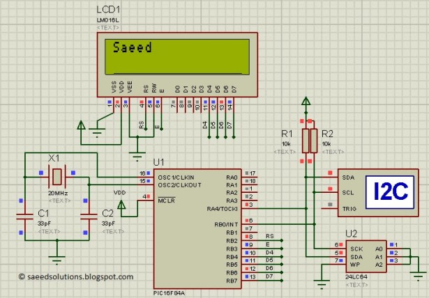 Interfacing of PIC16F84A with (i2c based) 24LC64 EEPROM Schematic