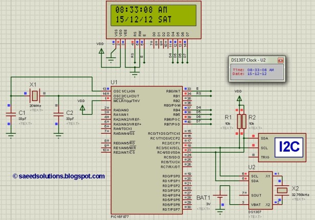 Interfacing of PIC16F877 with DS1307 (RTC) code schematic