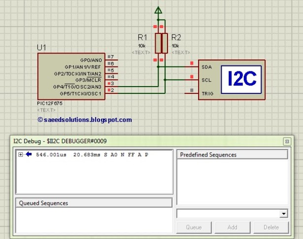 PIC12F675 i2c (bit banging) code and Proteus simulation schematic