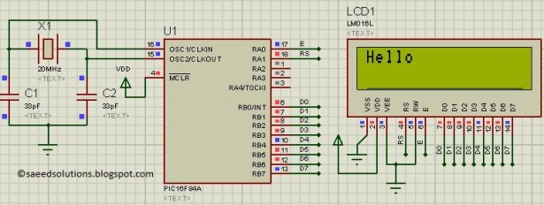 PIC16F84A LCD interfacing 8bit mode schematic