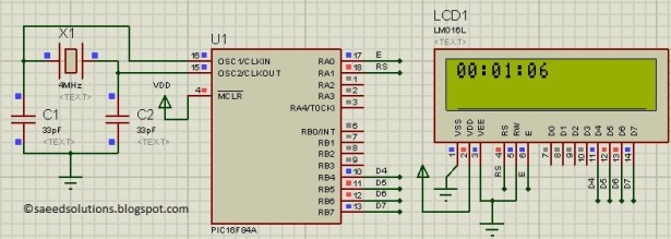 PIC16F84A based digital clock using LCD display schematic