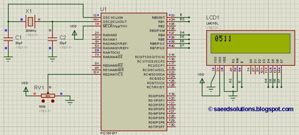 PIC16F877 ADC code and Proteus simulation schematic