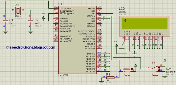 PIC16F877 up down counter code and Proteus simulation Schematic