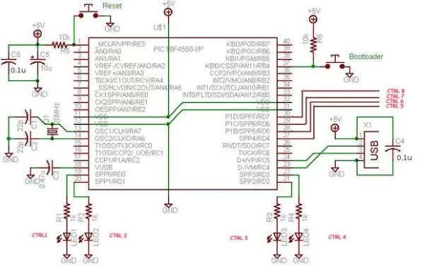 USB Interface Board Using PIC18F4550 Schemetic