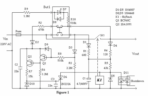 Momentary switch controls mains with latch on and remote shutdown