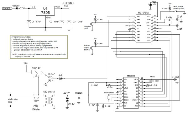 Alarm Phone Dialer with MT8880 and PIC 16F84A Schematic