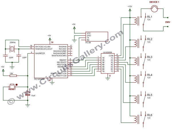 Android App Home Automation via Bluetooth Using PIC16F628A Microcontroller Schematic