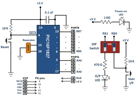Breakout board for 18-pin PIC16F series microcontrollers Schematic