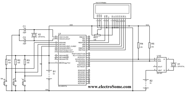 Digital Clock using PIC Microcontroller and DS1307 RTC Schematic