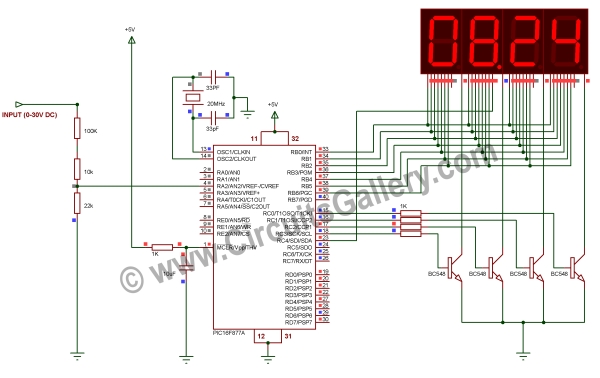Digital Voltmeter Using PIC Microcontroller 16F877A and Seven Segments Display (0-30V) Schematic