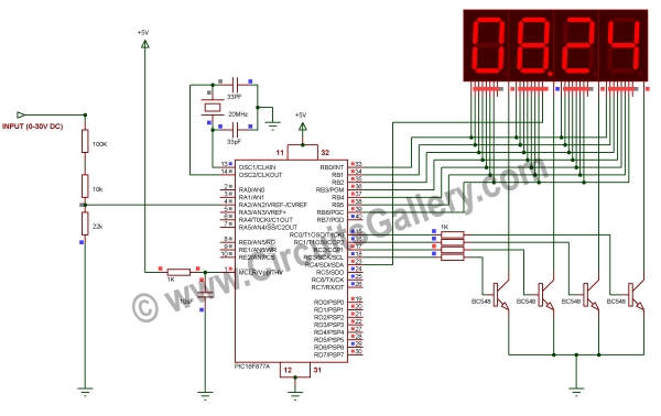 Digital Voltmeter Using Pic Microcontroller 16f877a And Seven Segments Display 0 30v