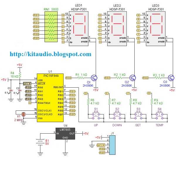 Digital thermometer with PIC16F84 circuit Schematic