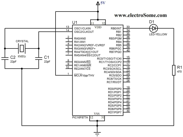 Getting Started with MPLAB XC8 Compiler – LED Blinking Schematic