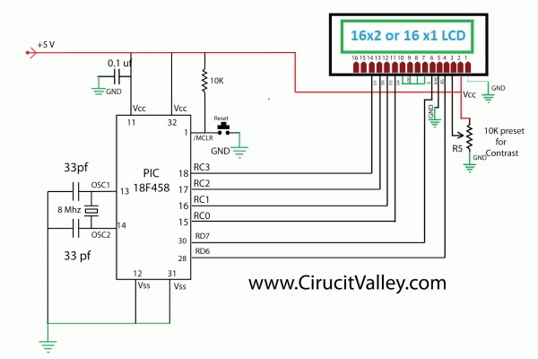 HD44780 16x2 Char LCD Interfacing with microcontroller Schematic