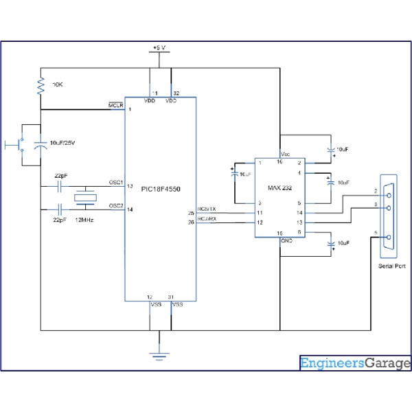 How to use inbuilt EEPROM of PIC18F4550 Microcontroller Schematic