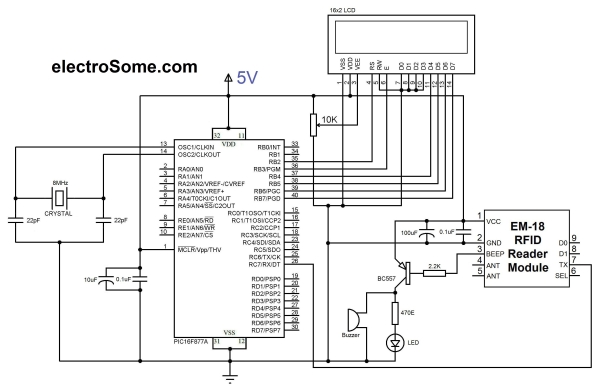 Interfacing EM-18 RFID Module with PIC Microcontroller Schematic