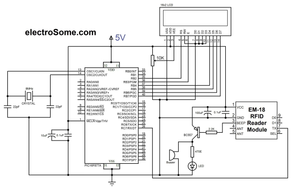 Interfacing EM 18 RFID Module with PIC Microcontroller Schematic