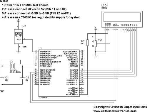 Interfacing LM35 Temperature Sensor with PIC Microcontroller schematic