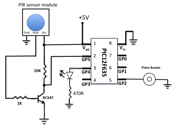  MOTION SENSOR USING PIR SENSOR MODULE WITH PIC MICROCONTROLLER AND WITHOUT MICROCONTROLLER Schematic