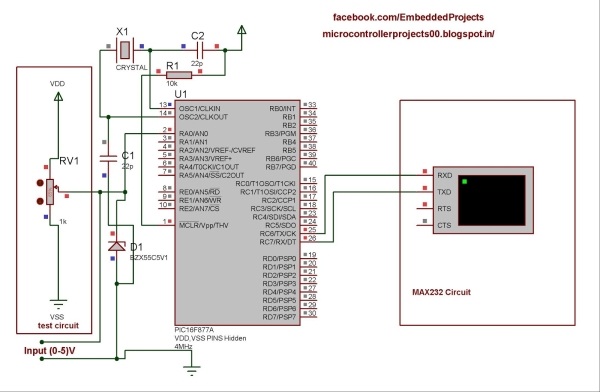 PC Based Digital Voltmeter Using PIC 16F877A Schematic
