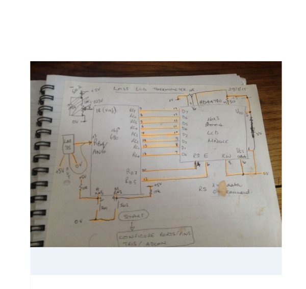 PIC Microcontroller project – 24 hour clock and thermometer displayed via 16f690 microcontroller and LCD programmed in C Schematic