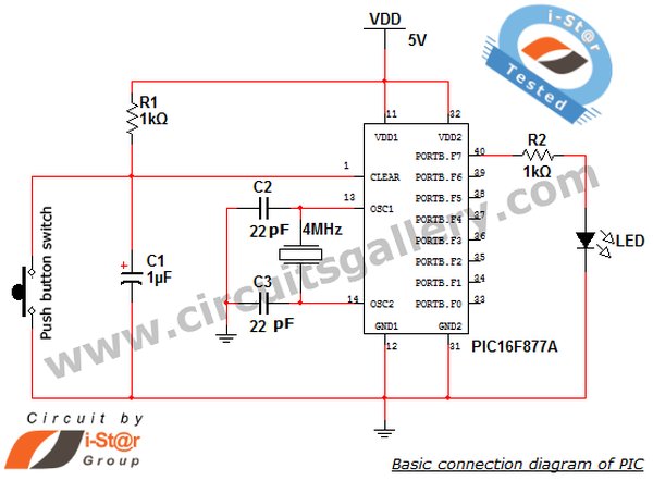 PIC microcontroller Beginner’s guide Basic connection circuit schematic