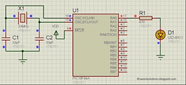 PIC16F84A LED blinking code + Proteus simulation Schematic